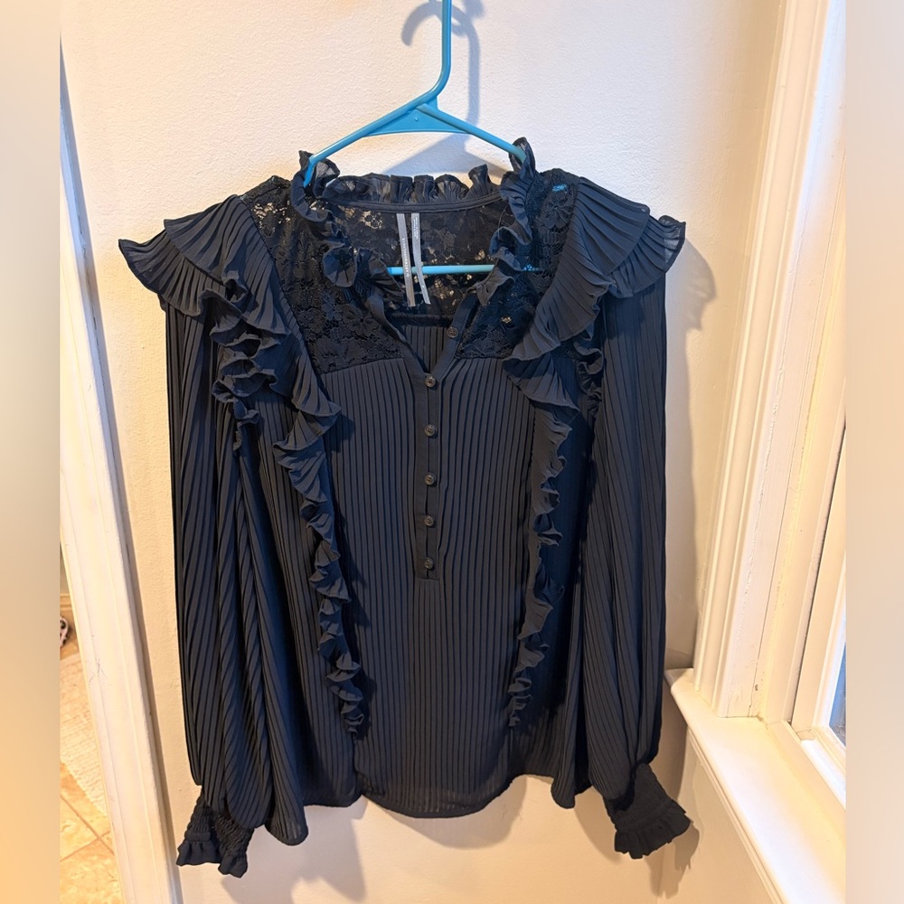 Anthropologie Navy Ruffled Blouse